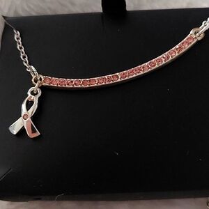 Avon Breast Cancer Silver Necklace with Pink Gemstones and Ribbon Charm